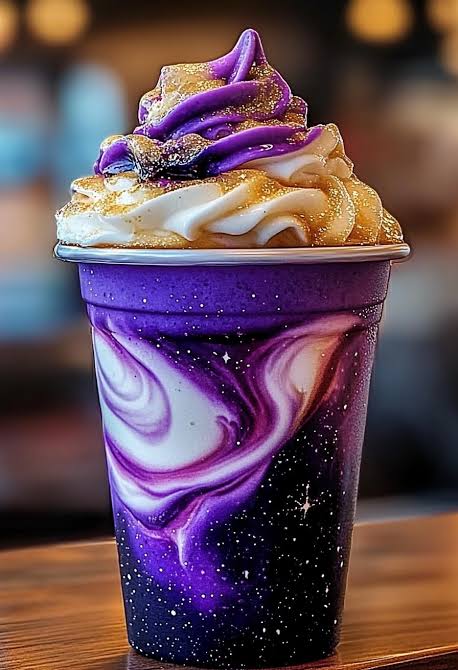 Holographic frapp with a purple galaxy swirl cup, whipped cream and gold shimmer drizzle
